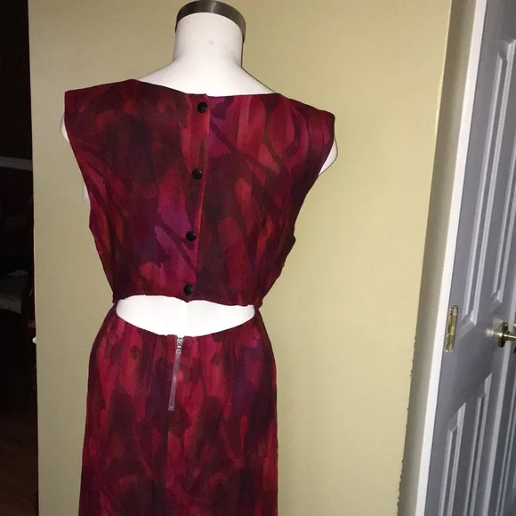 ALICE OLIVIA OPEN BACK LINED EUC RED PRINT MAXI DRESS SHEER SILK SIZE SMALL